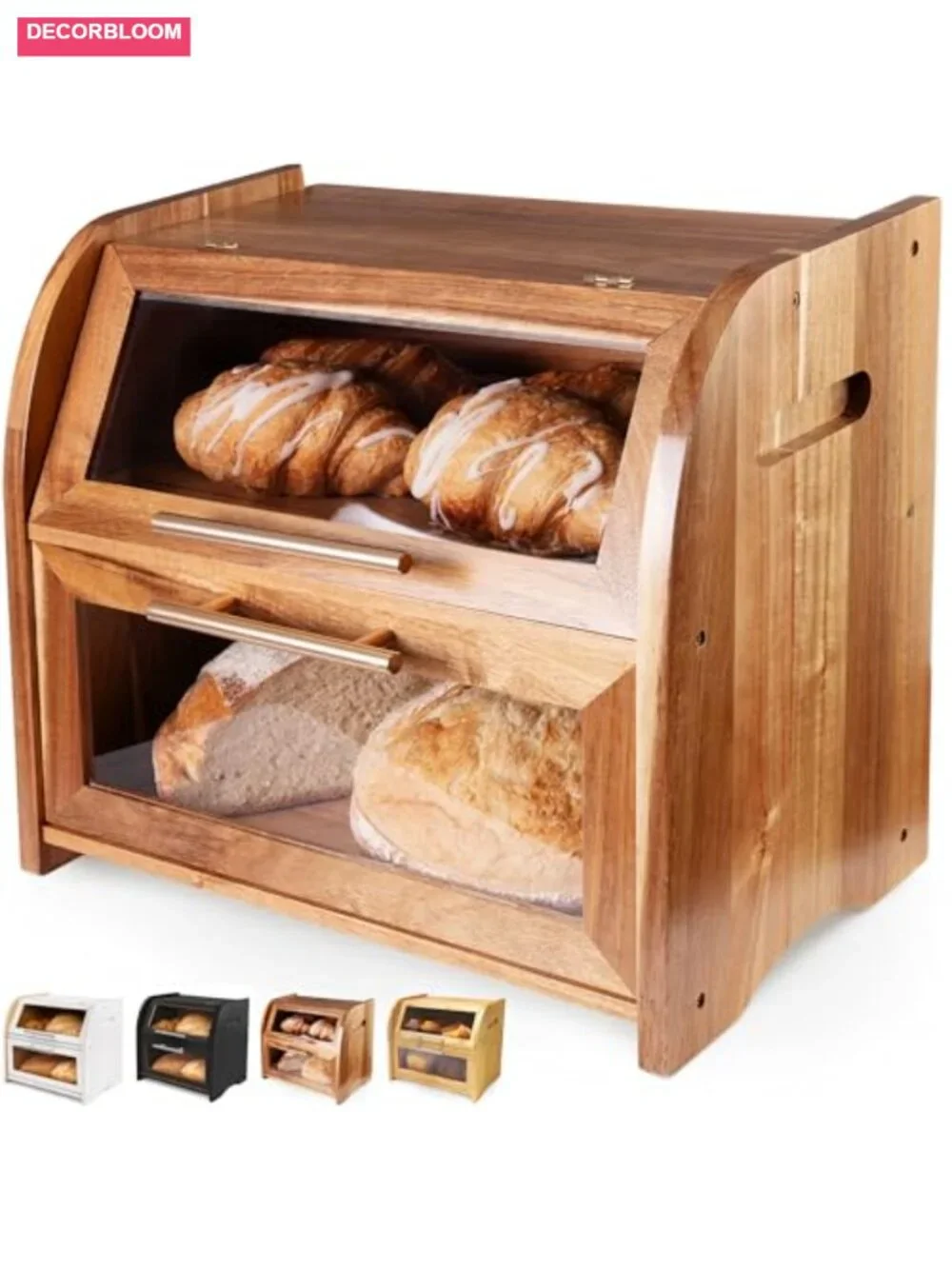 Extra Large 2-Shelf Acacia Wood Bread Box with Clear Windows